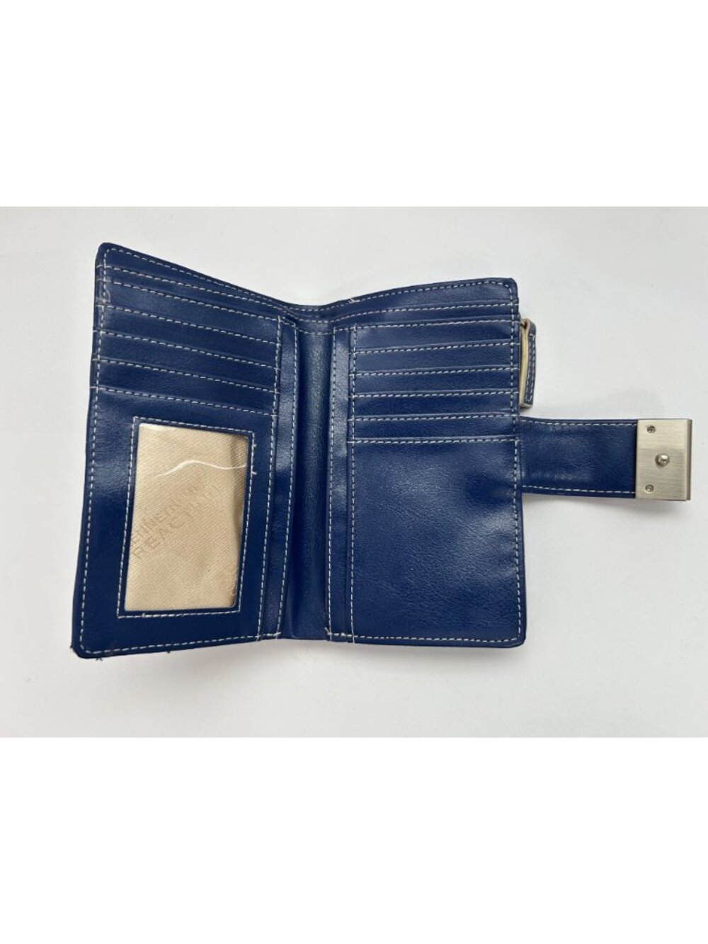 Kenneth Cole Reaction Blue Leather Wallet Metal Clasp Card Slots ID Window - Picture 6 of 8
